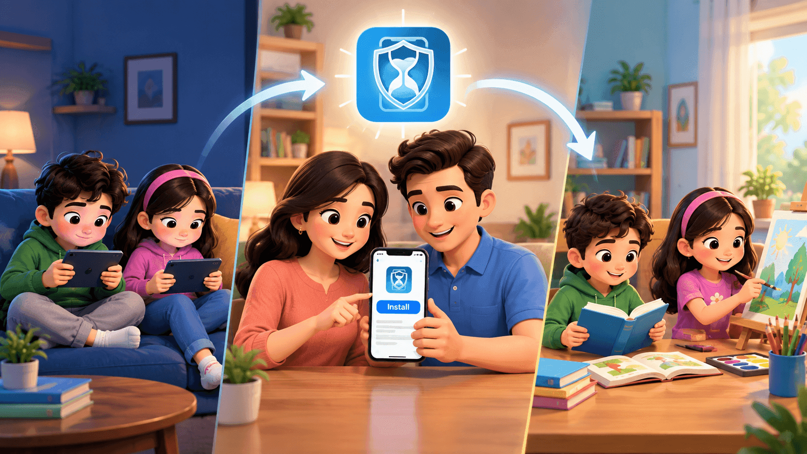 Soft 3D illustration of a family: restless tablet time before, installing ScreenDetox together, then reading and drawing after.