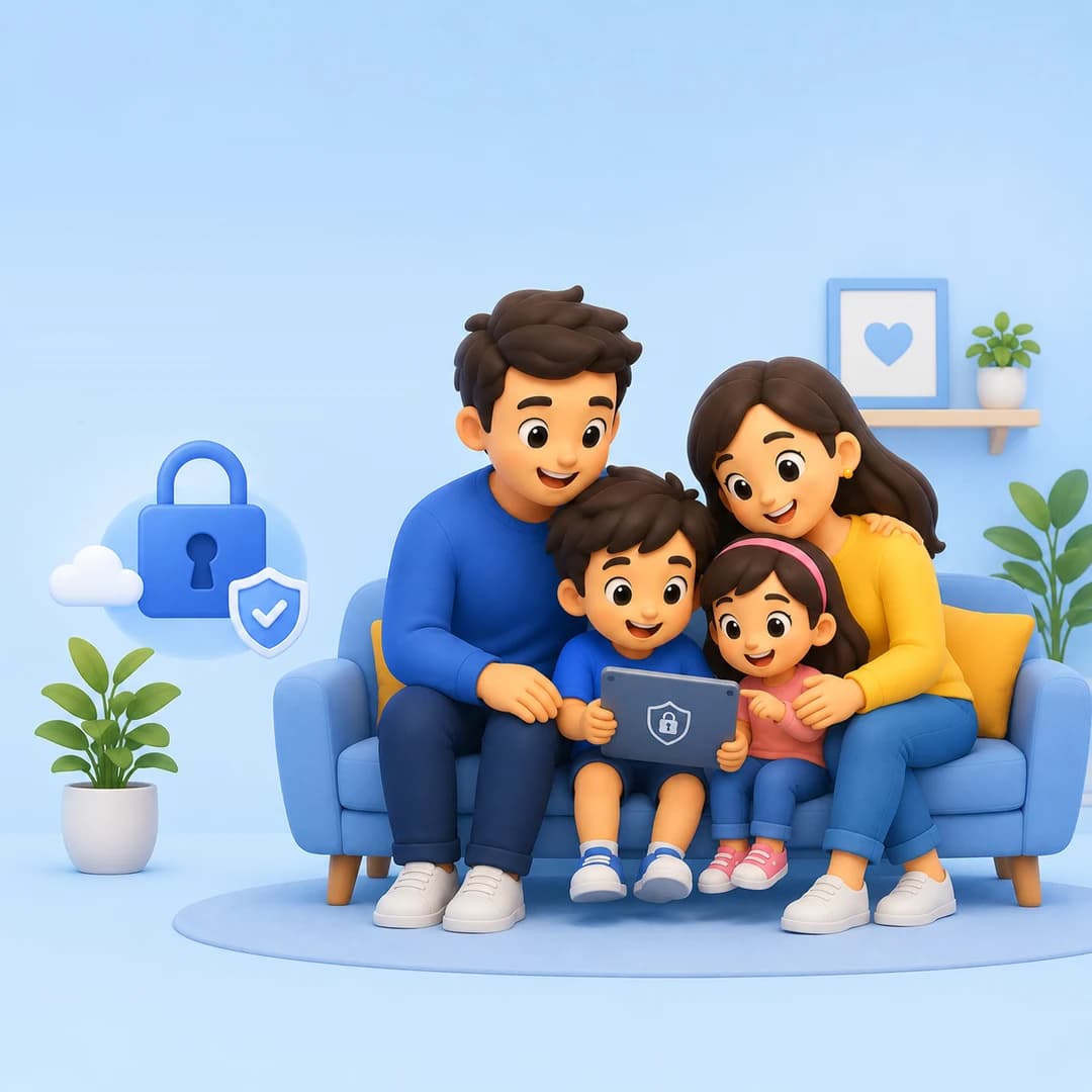 3D illustration of a family on a couch with a padlock and shield, representing data privacy